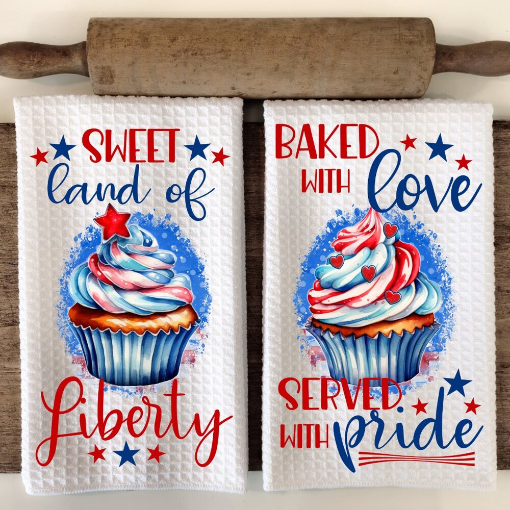Patriotic Cupcake Towel Set, Red White & Blue Dish Towels, Hand Towels